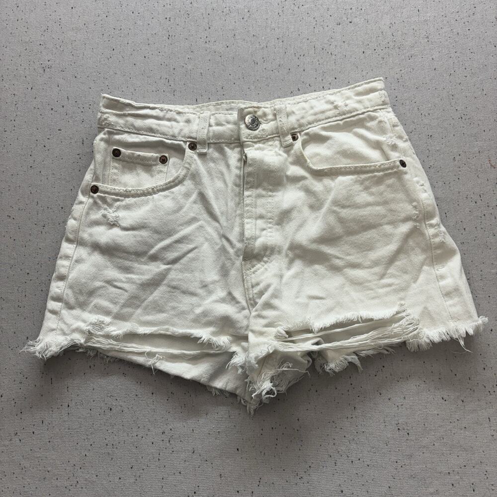 Zara White Denim Shorts Womens Size 4 High Waist Raw Hem Casual Summer Pocket